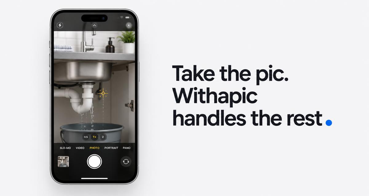 Phone camera photographing a leaking kitchen sink pipe, with the line Take the pic. Withapic handles the rest.